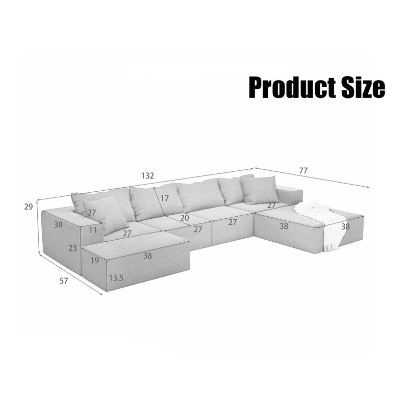 Modular Sectional Sofa With 6 Pillows, Green