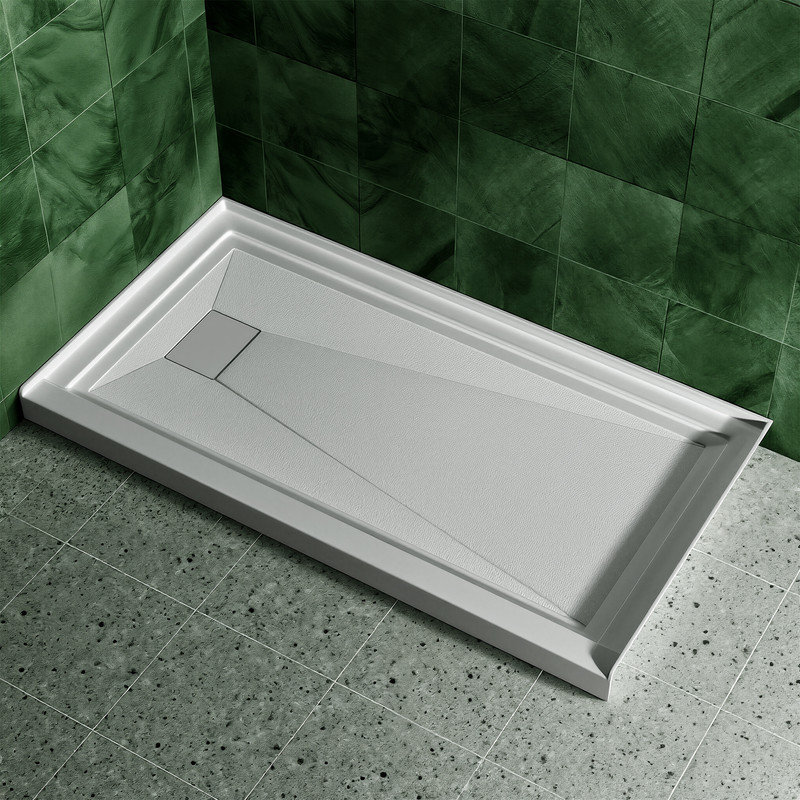 VEVOR 60" x 32" White Acrylic Shower Base, Left Drain, Non-Slip Surface, 3 3/8" Low Threshold, Center-to-Left Drain Placement, X-Type Sloped Design for Efficient Water Drainage