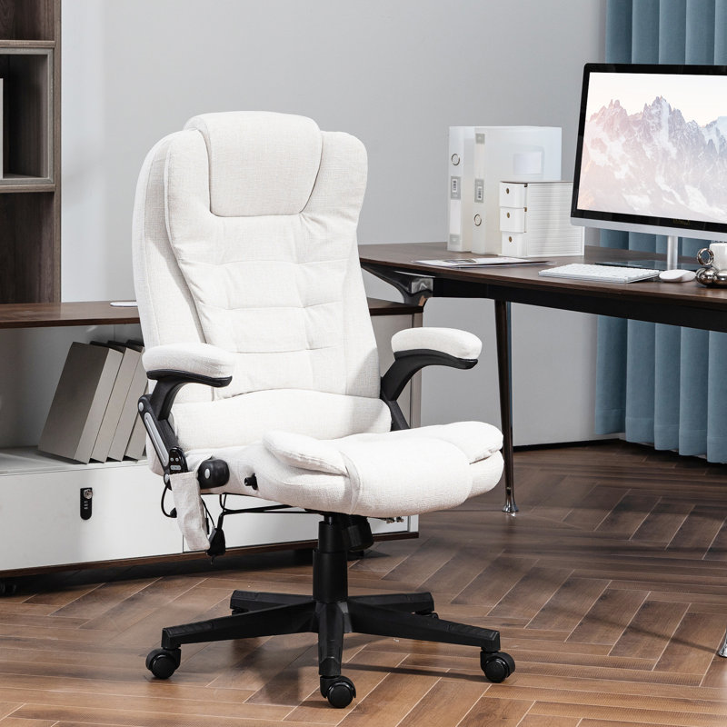 Chaise de bureau blanc crème avec massage vibrant 6. Fonction de chauffage. Inclinable. Rembourré. Siège réglable de 17,75 po à 21,75 po. Massage Colossal Comfort à 6 points. Blanc crème. , Non obstrué