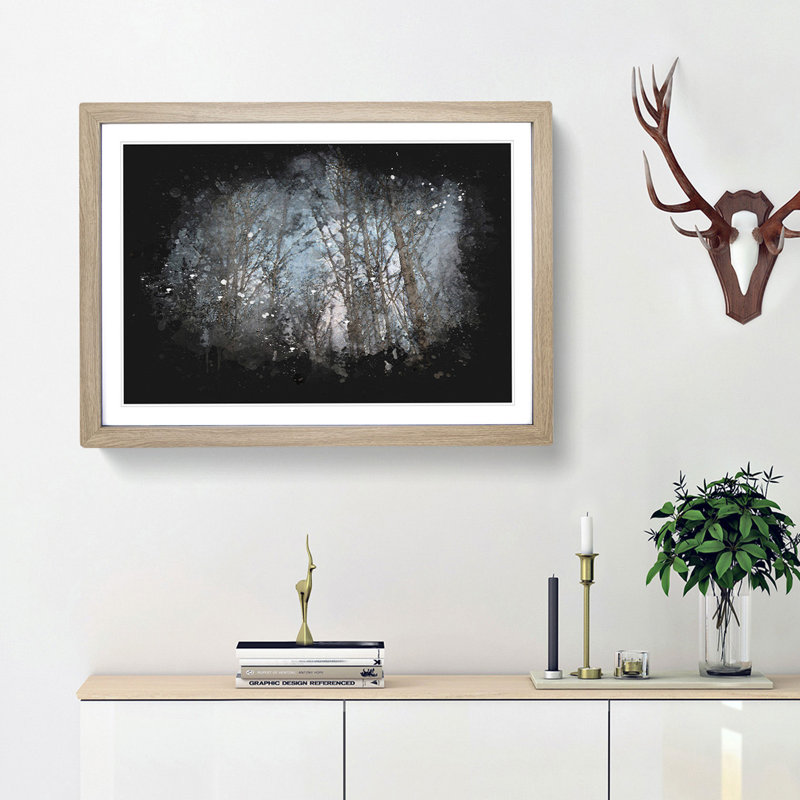 Bare Trees At Twilight Paint Splash - Picture Frame Graphic Art, 62cm H x 87cm W x 2cm D, Oak Framed