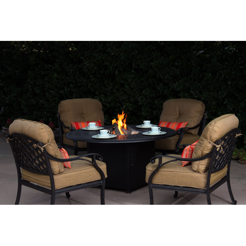 Ensemble de conversation pour foyer d'extérieur au propane 5 pièces avec coussins et table ronde 52 po Frazee