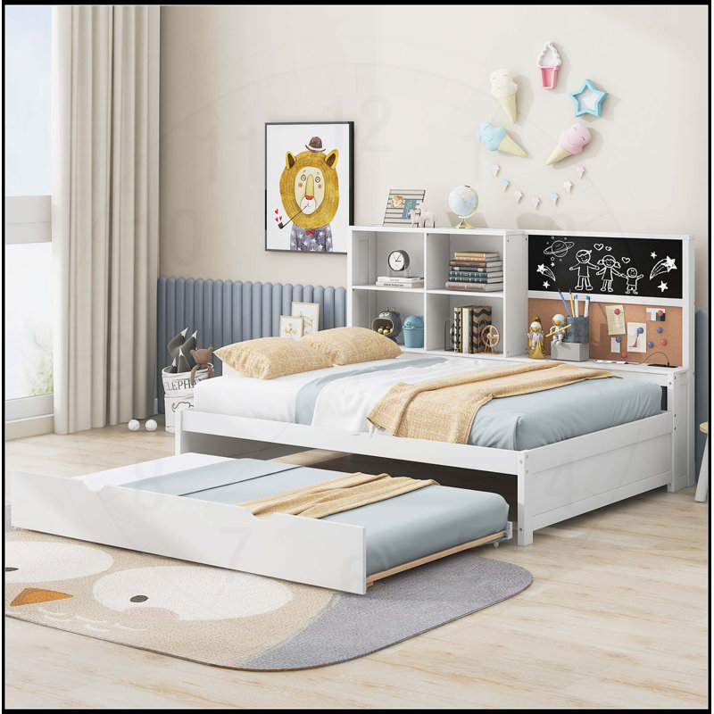 Lit de jour double avec rangement, tableau noir, tableau de liège, ports USB et lit gigogne simple, Noyer antique
