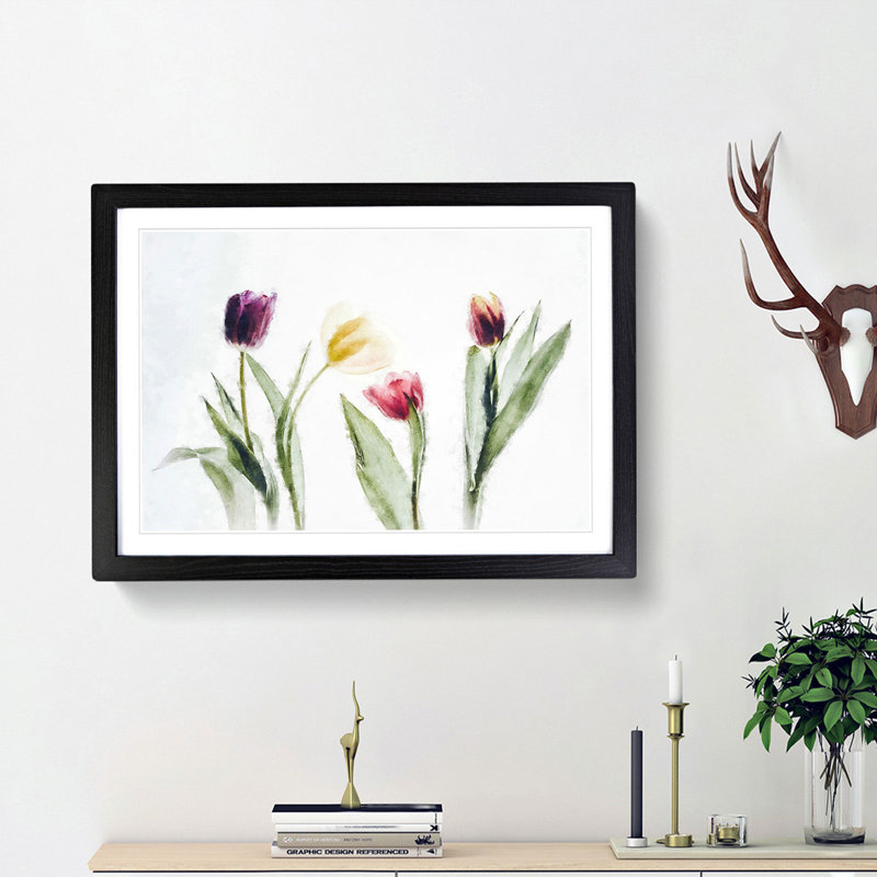 Colourful Tulip Flowers - Picture Frame Painting Print, Black Framed, 62cm H x 87cm W x 2cm D