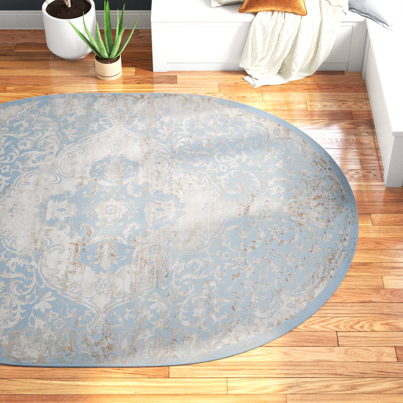Tapis bleu sarcelle / beige Alamo, Ovale 7 pi 10 po x 10 pi