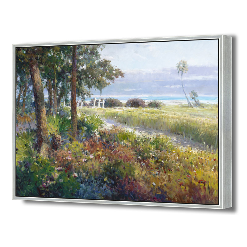 "Sentier côtier avec palmiers", H 38 po x l 50 po, Argent argent