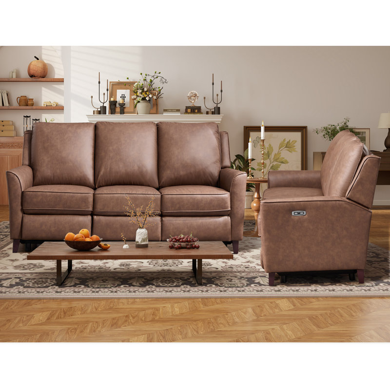 Canapé 3 places inclinable électrique en similicuir classique et ultra doux de 189 cm de large (paquet de 2), Brun
