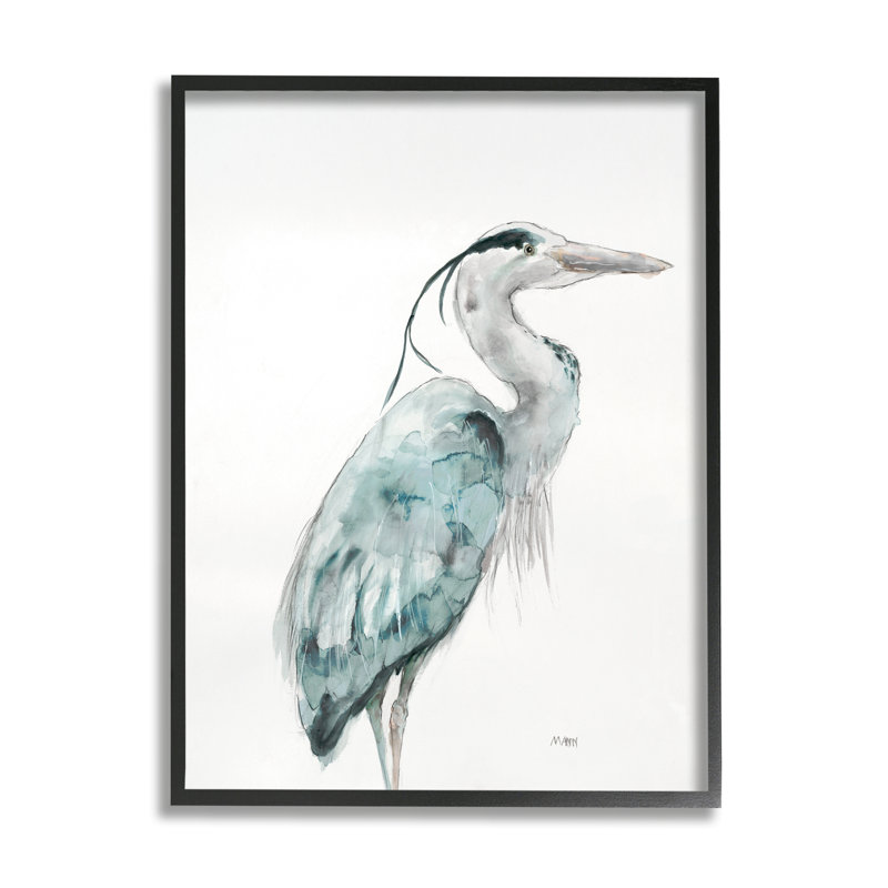 Grue aquarelle aux tons bleus, oiseau aquatique par Patti Mann - Peinture, H 20 po x l 16 po, Giclée encadrée noir minuit