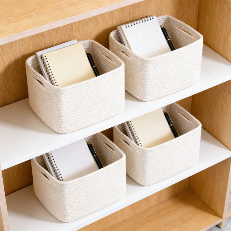 Cotton Rope Storage Baskets, 4-Pack Rectangular Organizer Bins For Shelves, Foldable Multi-Purpose Storage For Toys, Books, Clothes, And Home Organization