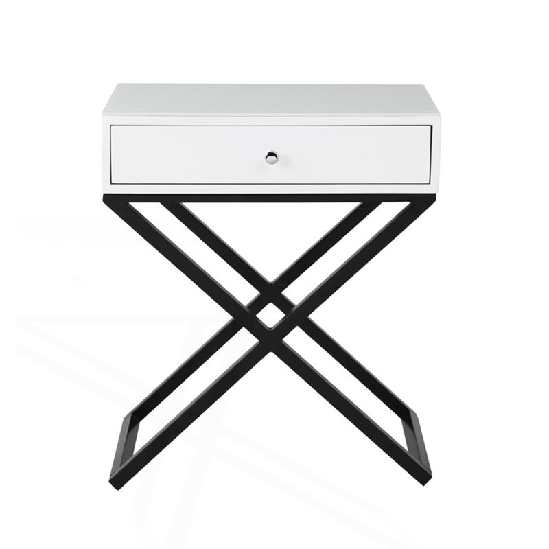 Table d'appoint, table de chevet avec plateau en verre, tiroir et base en métal, Blanc