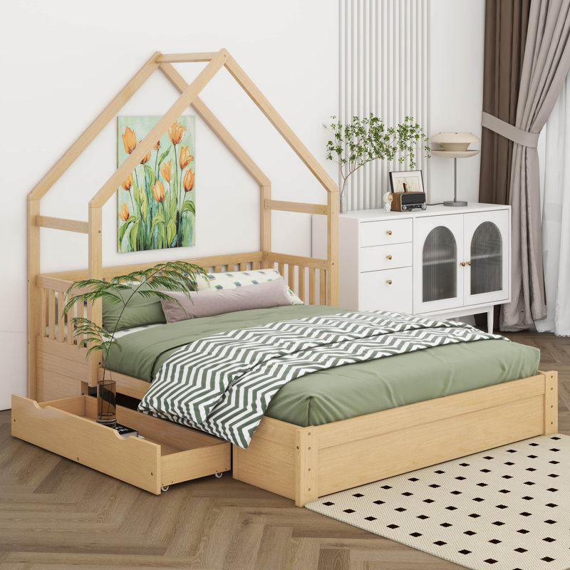 Lit pour grand lit pour enfants, lit plateforme bas avec 2 tiroirs de rangement, cadre de lit en bois avec garde-corps et toit