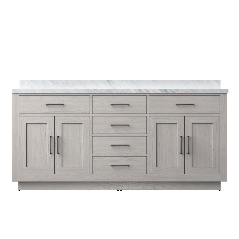 72" Double Bathroom Vanity Set, White Oak, White Carrara Marble