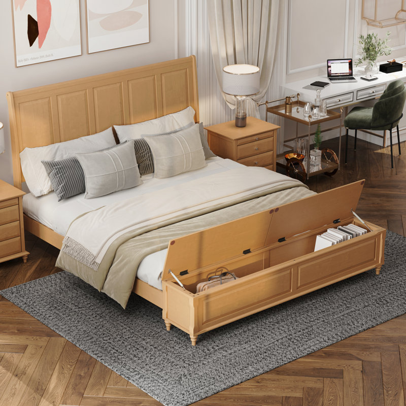 Structure de très grand lit avec tête de lit haute et banc de rangement, lit-bateau en bois massif avec coffre de rangement de 79 po, aucun sommier nécessaire, naturel