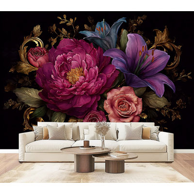Papier peint adhésif pelez et collez, décorations florales foncées, pivoines, feuilles dorées, feuilles d'or, H 69 po x l 96 po, papier peint amovible en PVC, autocollant pour chambre à coucher, bureau à domicile