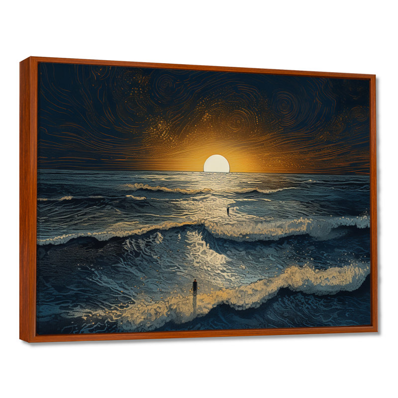 Alone On The Waves Majestic Ocean Sunset - salon d'art mural plage et océan, Toile avec cadre flottant brun