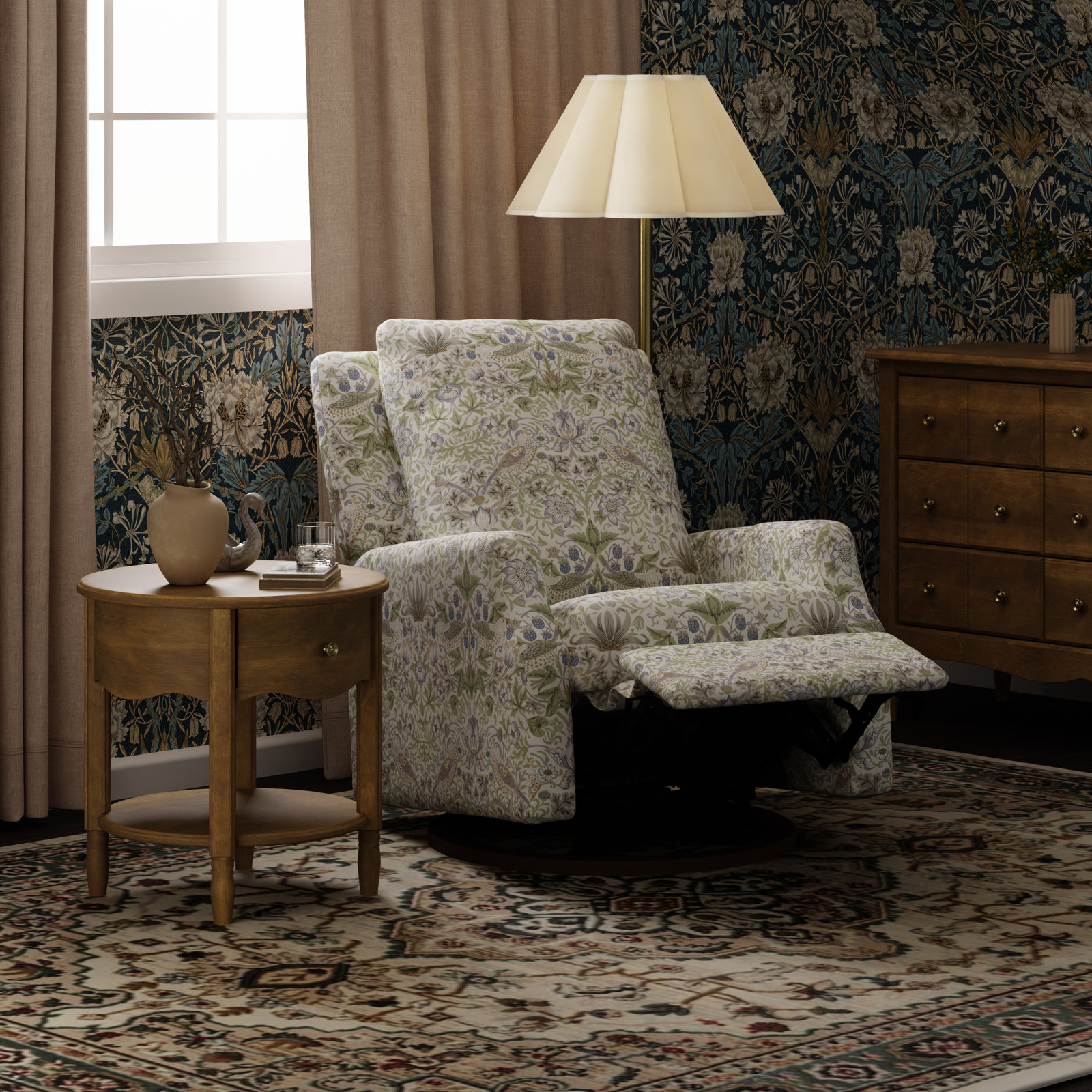 Morris & Co. Swivel Nursery Chair, Strawberry Thief in Fig &Thyme w/Dark Wood Base