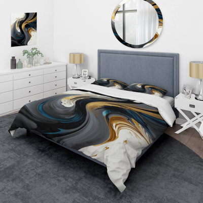 Ensemble de housse de couette en microfibre / polyester liquide noir, blanc et or IV