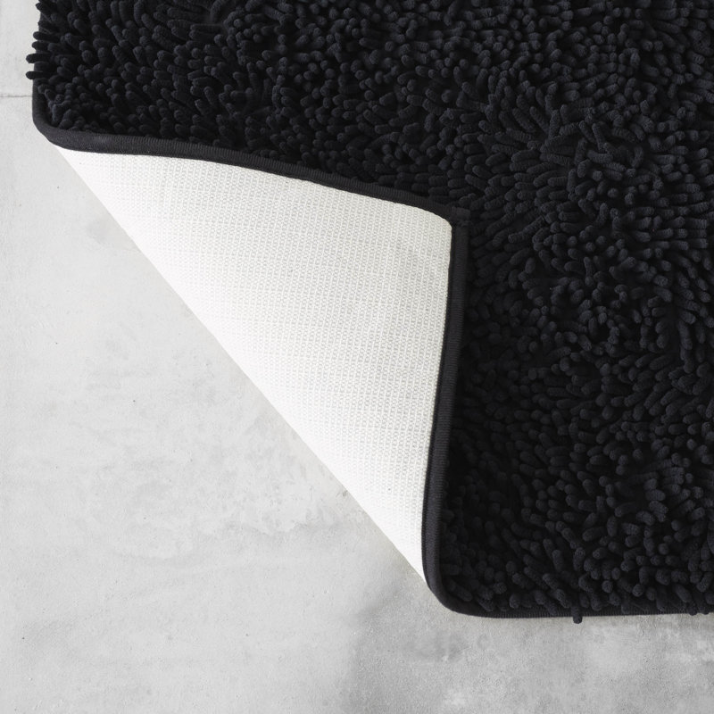 Modern 2 Piece Bathroom Rug Set Microfiber Chenille Bath Mat & Pedestal Mat Super Soft Non Slip Absorbent Washable, Black