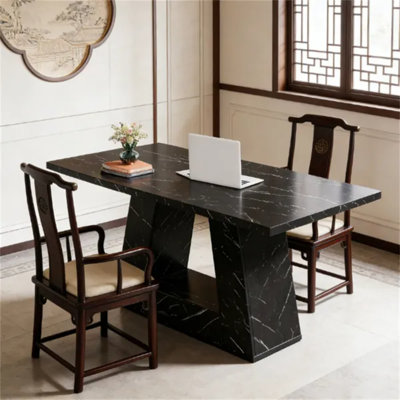 Bureau de direction imitation marbre de 160 cm, table multifonctionnelle pour ordinateur, bureau et salle à manger avec piétement trapézoïdal