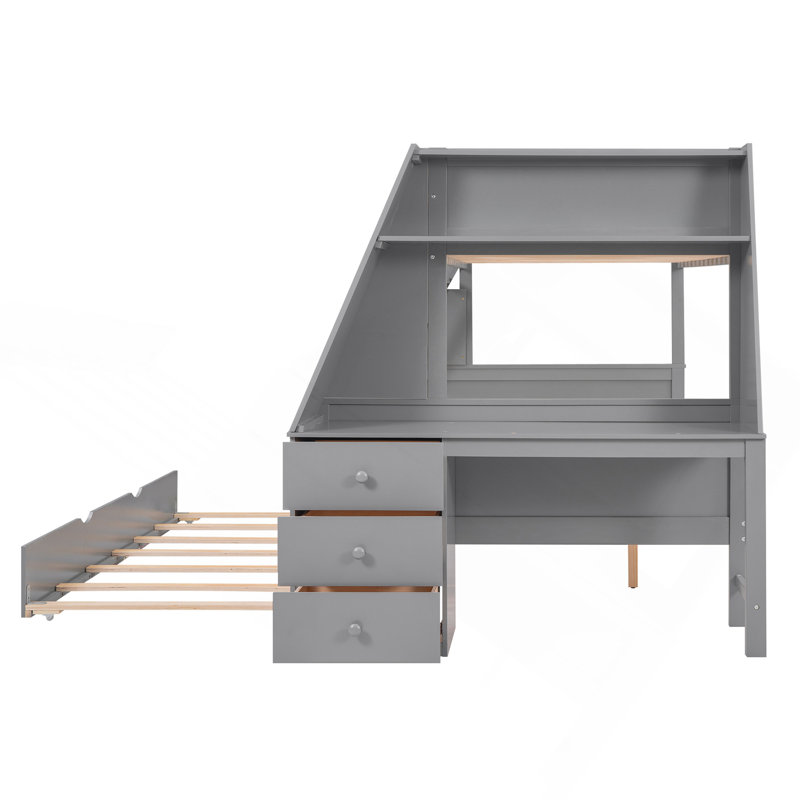 Lit superposé simple au-dessus d'un lit double avec lit gigogne et bureau intégré, trois tiroirs de rangement et une tablette, gris