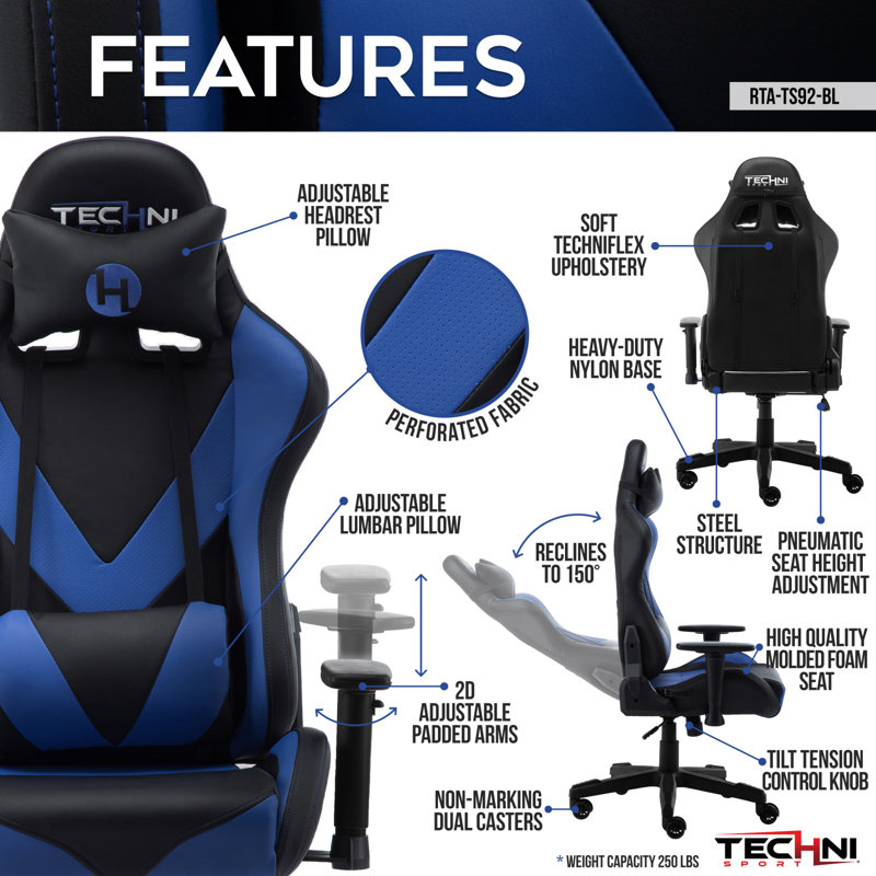 Inbox Zero Adjustable Reclining Ergonomic Swiveling PC & Racing Game Chair, Blue/Black