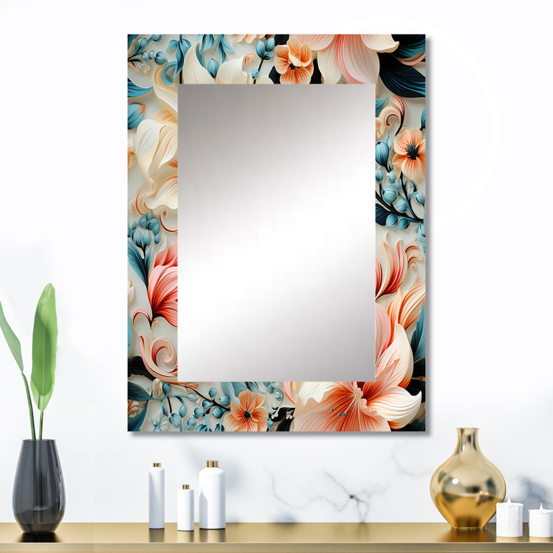 Motif cachemire bohy rose et bleu romantique Love Roses - grand miroir cachemire, miroir mural décoratif glam, 32 po x 24 po