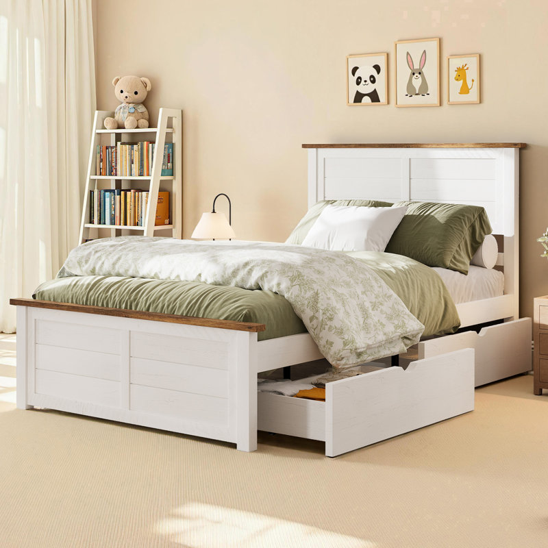  Twin Size Solid Wood Platform Bed with 4 Storage Drawers, for Kids, Teens, White/Brown, Twin, White/Brown