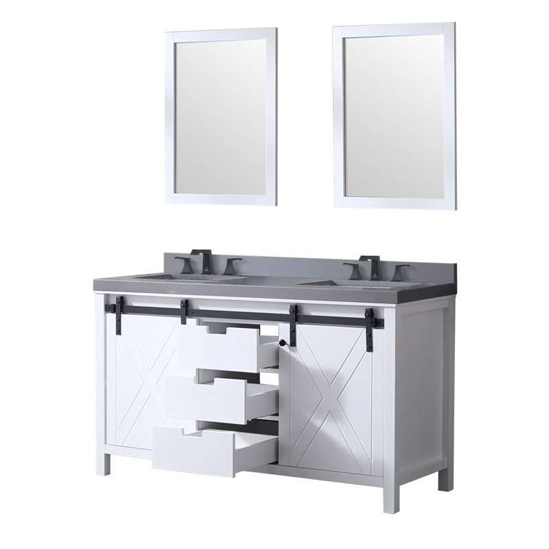 Meuble-lavabo double blanc l 60 po x P 22 po, comptoir en quartz gris, ensemble de robinets et miroirs 24 po