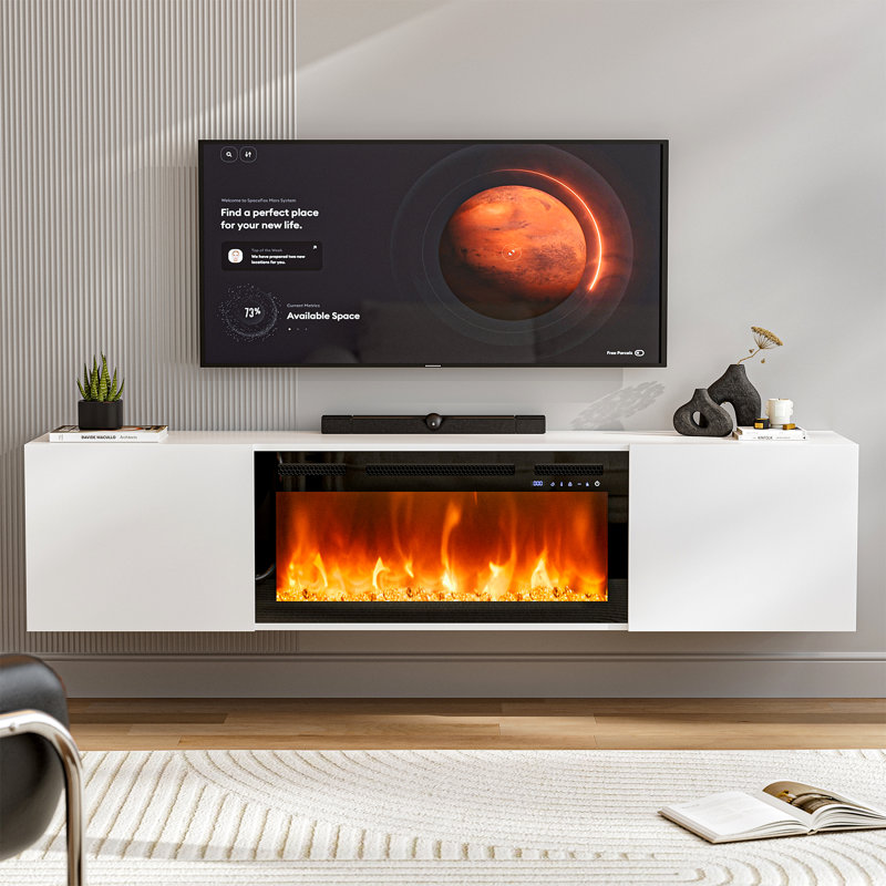 Floating TV Stand with 30" Electric Fireplace, High Glossy Wall Mounted Hanging TV Stand with 2 Cabinets, Modern Floating Entertainment Center Console for Living Room for TVs Up to 80+inch