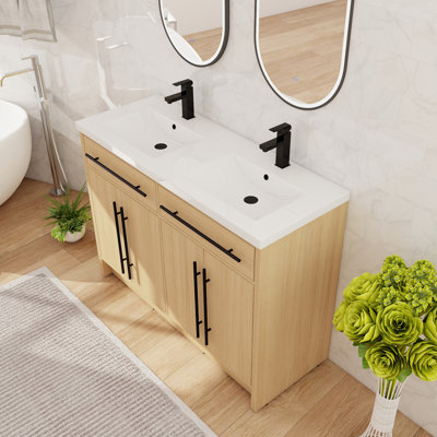 Meuble-lavabo double autoportant 48 po avec lavabo en résine, meuble-lavabo sur pied avec 4 portes et 2 tablettes