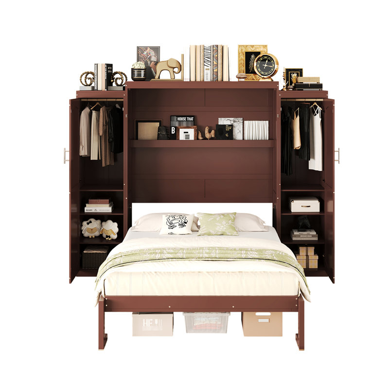 Lit double avec 2 armoires, cadre de lit pliable multifonctionnel, noyer, idéal pour rehausser la chambre à coucher