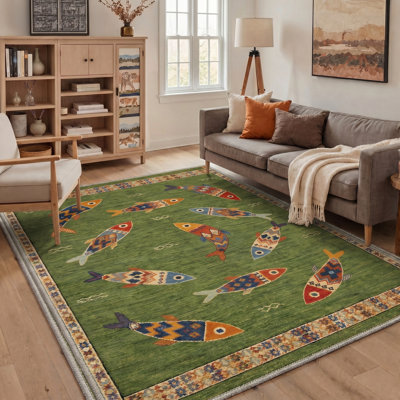 Whimsical Boho Tribal Geometric Colorful Fish Pattern Machine Washable Non Slip Bordered Green Multi-Color Kids Indoor Area Rug