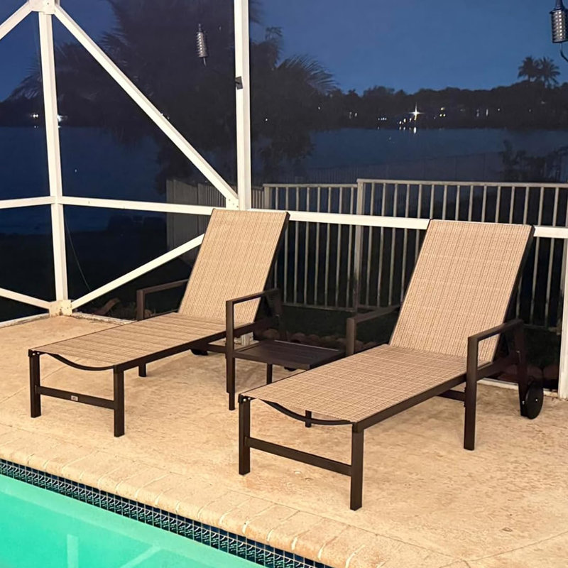 Set of 2 Latitude Run Metal Lounge Chair by Nature PVC-coated polyester with Arms and Table, Misty Gray
