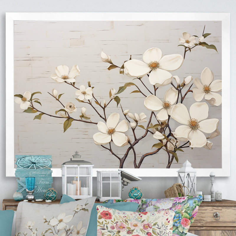 «White Dogwood Blossom Scenery VII», reproduction sur toile, H 34 po x l 44 po x P 1,5 po, Cadre flottant doré