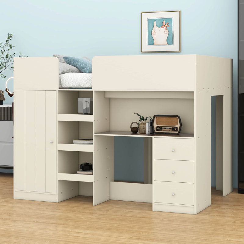 Lit mezzanine double avec tablettes et tiroirs, cadre de lit mezzanine en bois avec bureau et garde-robe intégré, Beige