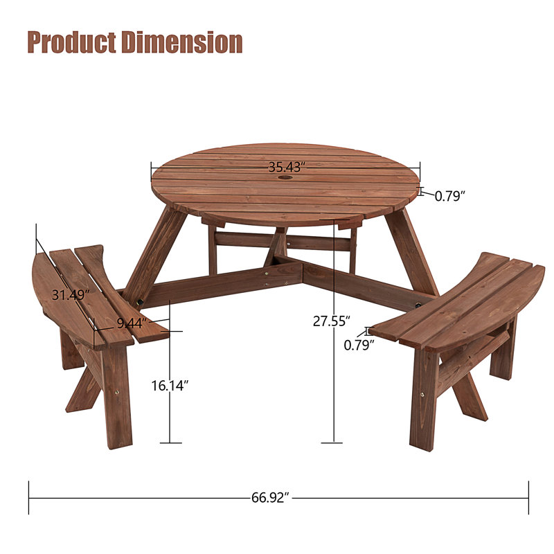 Table de pique-nique circulaire en bois pour 6 personnes, Brun