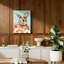 Impression murale sur toile bleue avec joli lapin de Pâques avec fleurs et support en bois massif pour salon, chambre à coucher, appartement