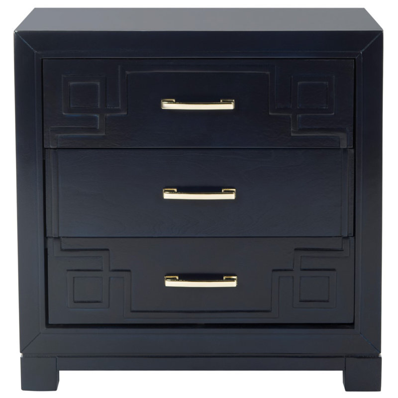 Elegant  & Modern 24'' W Solid Wood Nightstand –Sleek Rubberwood Bedroom Chest with 3 Drawer Storage, Navy