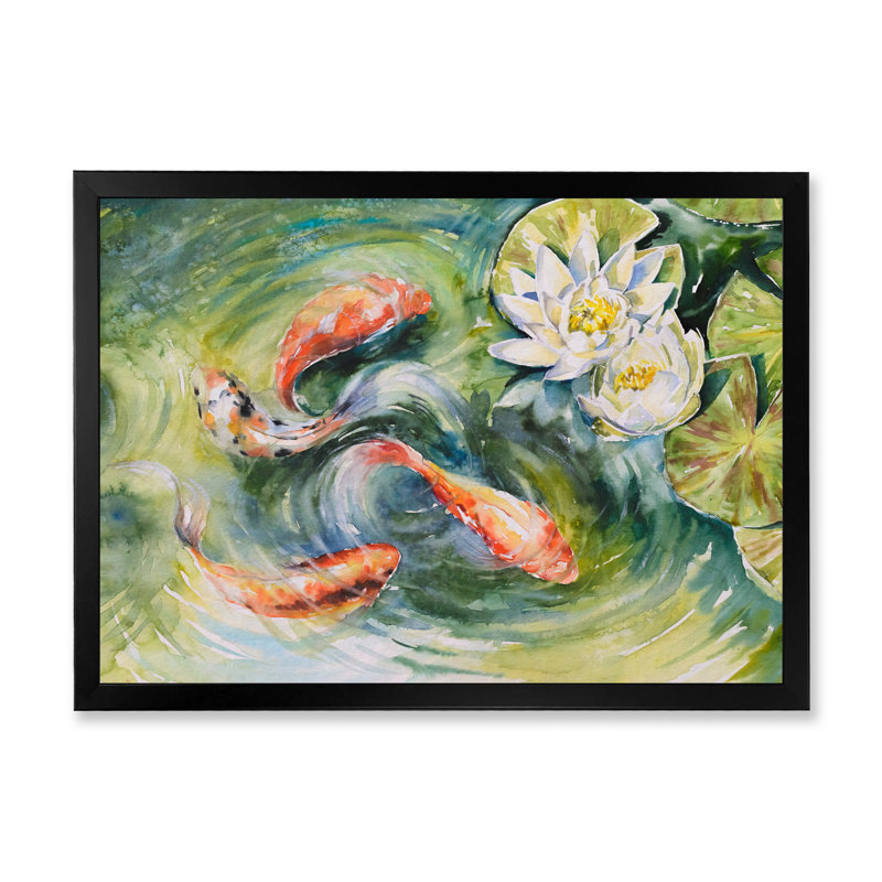 " Colourful Fishes Swimming In Pond ", Black Picture Framed Canvas, 8" H x 12" W x 1" D
