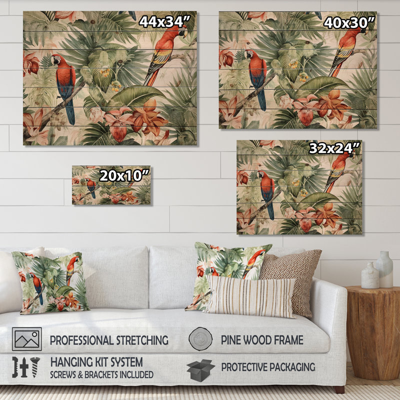 Perroquet au paradis I - Décoration murale animaux sur bois de pin naturel, H 34 po x l 44 po