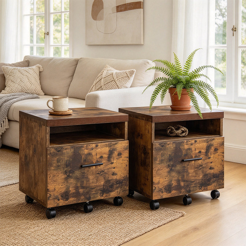 Industrial Nightstand with Drawer, Open Shelf and Rolling Casters, Rustic Wood Finish