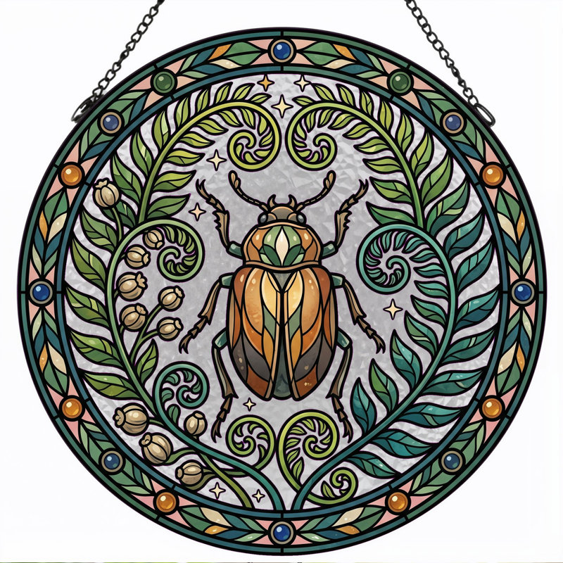 Panneau de vitrail Beetle Mandala, H 7,8 po