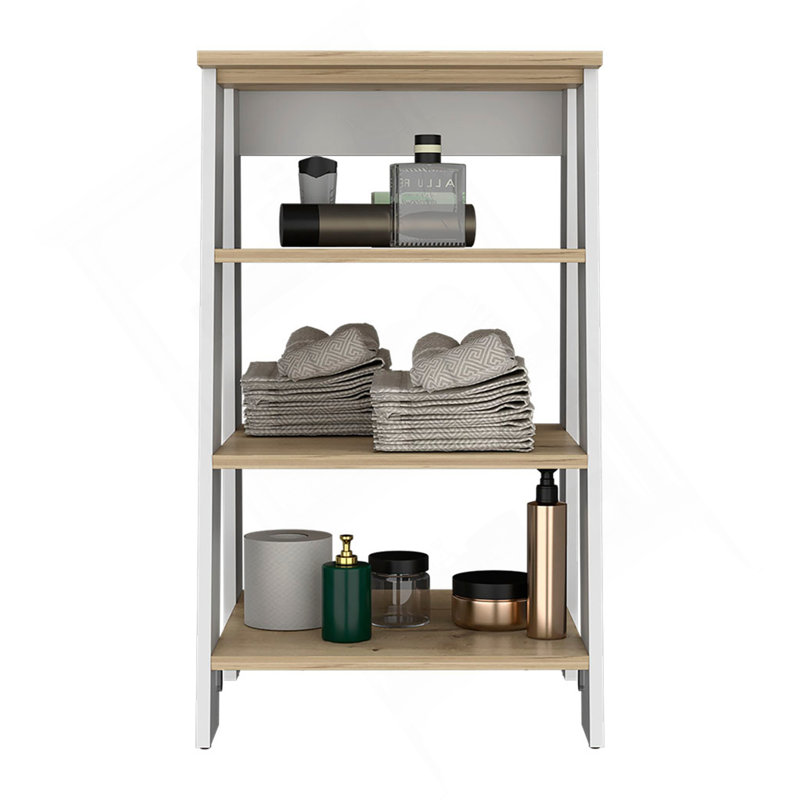 Armoire à linge Jenne, quatre tablettes ouvertes, finition chêne clair / blanc, Chêne clair