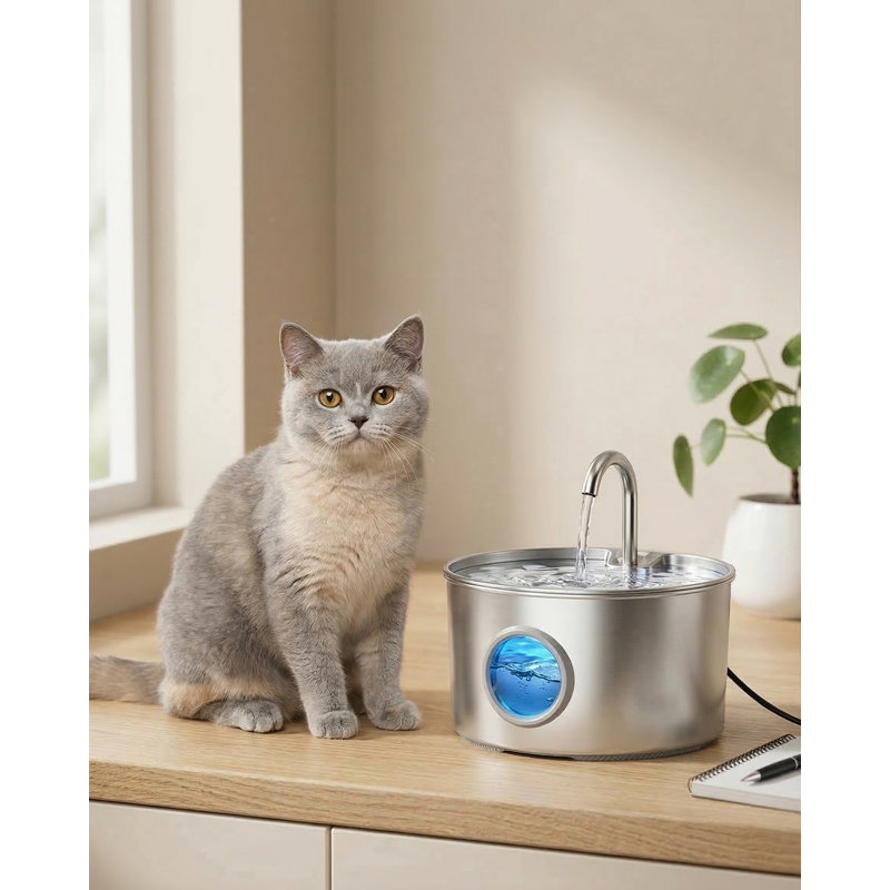 Fontaine à chat en acier inoxydable, 74 oz / 2,2 L, distributeur d'eau silencieux pour les chats d'intérieur et les petits animaux, parfait pour l'hydratation des chats