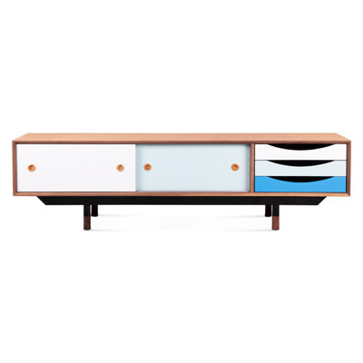 - Base de meuble télé rétro bleu 1955, placage de noyer naturel sur pieds, pieds en acier inoxydable noir, pieds en bois massif, tiroirs laqués pour armoire principale avec salon