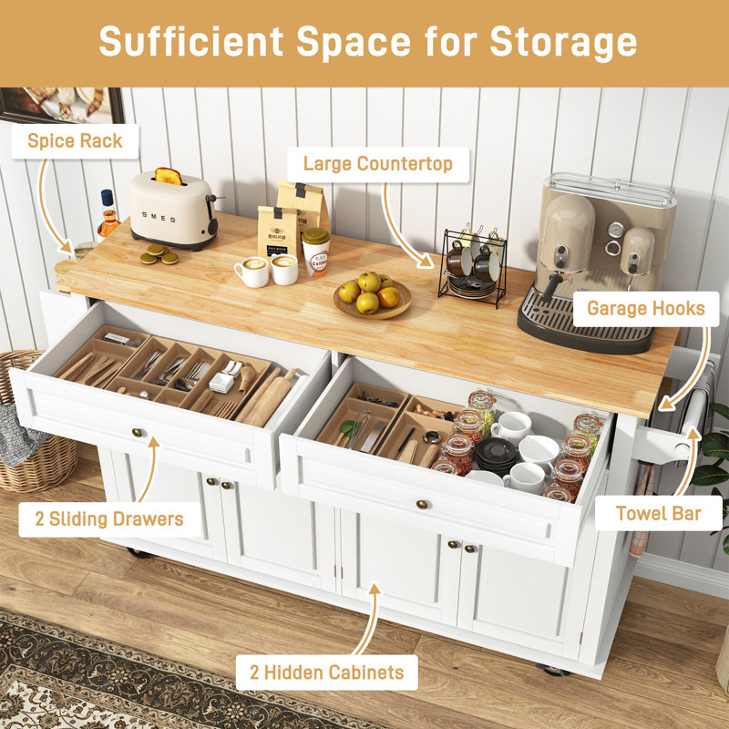 63" Movable Kitchen Island with Drop Leaf and Power Outlet, Rolling Kitchen Cart with Rubber wood Countertop, Island Table on Wheels for Kitchen w/2 Drawers, Spice Rack, Towel Bar, Adjustable Shelves