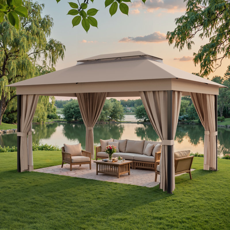 13 Ft. W x 10 Ft. D Soft Top Steel Patio Gazebo with 2-Tier Canopy and Zippered Mesh Netting for Outdoor, Patio, Garden, and Backyard Activities