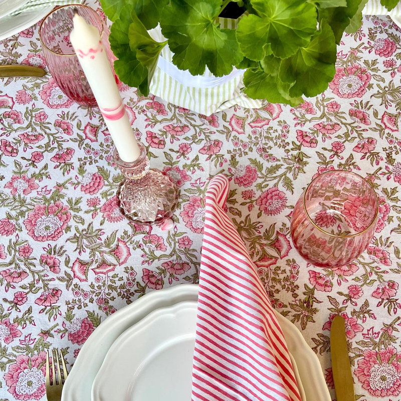 Beatrice Round Tablecloth - Pink And Green, 70" D x 108" L