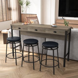 Long Dining Table Set With Power Outlets, Bar Kitchen Table Set With Circular Stools, Easy Assemble, Brown Gray Table+black Stool