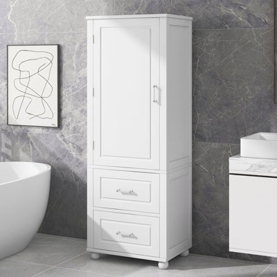 Grande armoire de rangement pour salle de bain, armoire de rangement autoportante avec deux tiroirs et tablette réglable, panneau de fibres à densité moyenne avec finition peinte