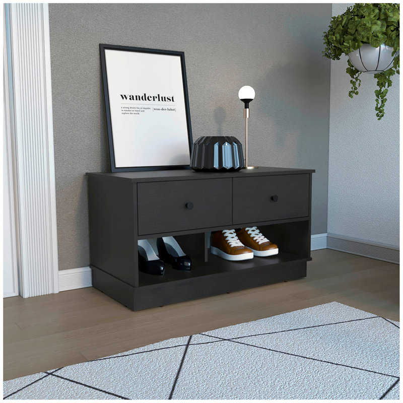 Banc de rangement Beji, tablette inférieure, deux tiroirs, finition, Noir